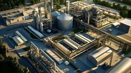Fototapeta premium A large industrial plant with many tanks and pipes. The image is a 3D rendering of the plant
