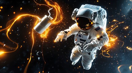 Fototapeta premium Astronaut floats in space, energy trails surround him and a canister.