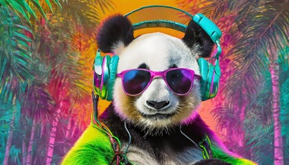 Vibrant Acid Pop Panda: A Colorful Cartoon Character Sporting Headphones and Sunglasses, Perfect for Music Lovers and Art Enthusiasts - Image