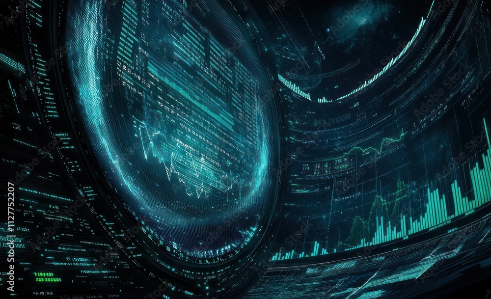 Fototapete Futuristic digital interface with global data visualization.