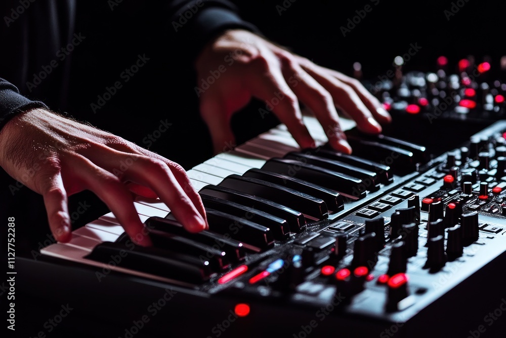 Aufkleber close-up of hands playing a synthesizer keyboard in low light.