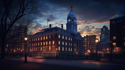 Naklejka premium Night cityscape, illuminated building, lampposts, dusky sky.