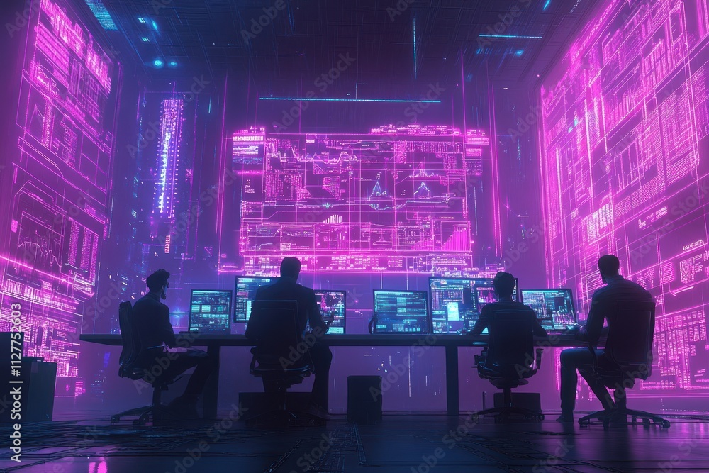 Poster Cyber security team monitoring digital data streams in a futuristic control room.