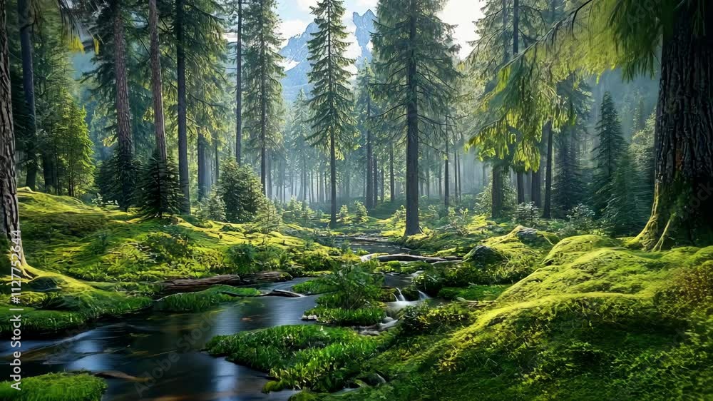 Aufkleber lush green forest with a flowing stream and sunlight filtering through tall trees in a serene nature