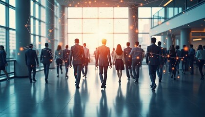Business people walk in modern office. Network concept with digital lines, light effects. Abstract background in large hall. Business people silhouettes in double exposure show connections,