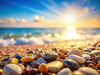 Coastal bliss: sun-drenched sand, blurred ocean, seashells, and pebbles. Idyllic tropical vacation vibes.