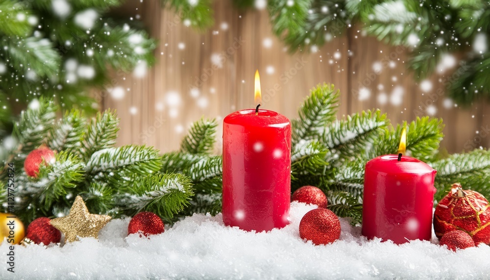 Poster advent candle on christmas with snow: a beautiful scene of a glowing advent candle surrounded by sof