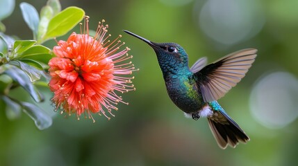 Naklejka premium A hummingbird hovers near a vibrant orange flower, wings outstretched in mid-flight. 