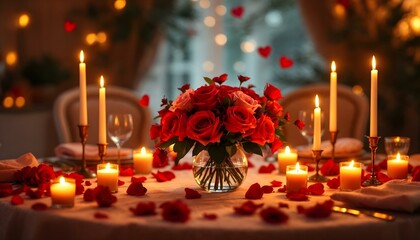 Romantic Candlelit Dinner Table with Red Roses and Petals
