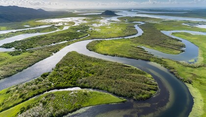 Stunning Aerial View of a River Delta Showcasing Lush Green Vegetation, Winding Waterways, and the Interplay of Natures Beauty in a Serene Landscape ().jpg
