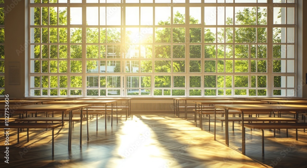 Poster sunlit cafeteria with large window and wooden tables.
