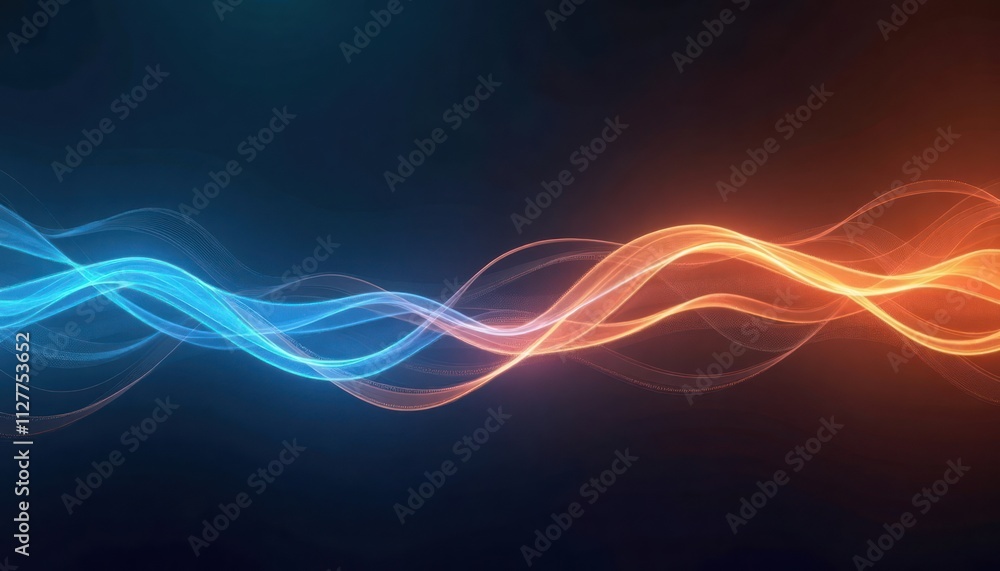 Poster abstract design with vibrant blue, orange light streaks. flowing lines create dynamic effect on dark