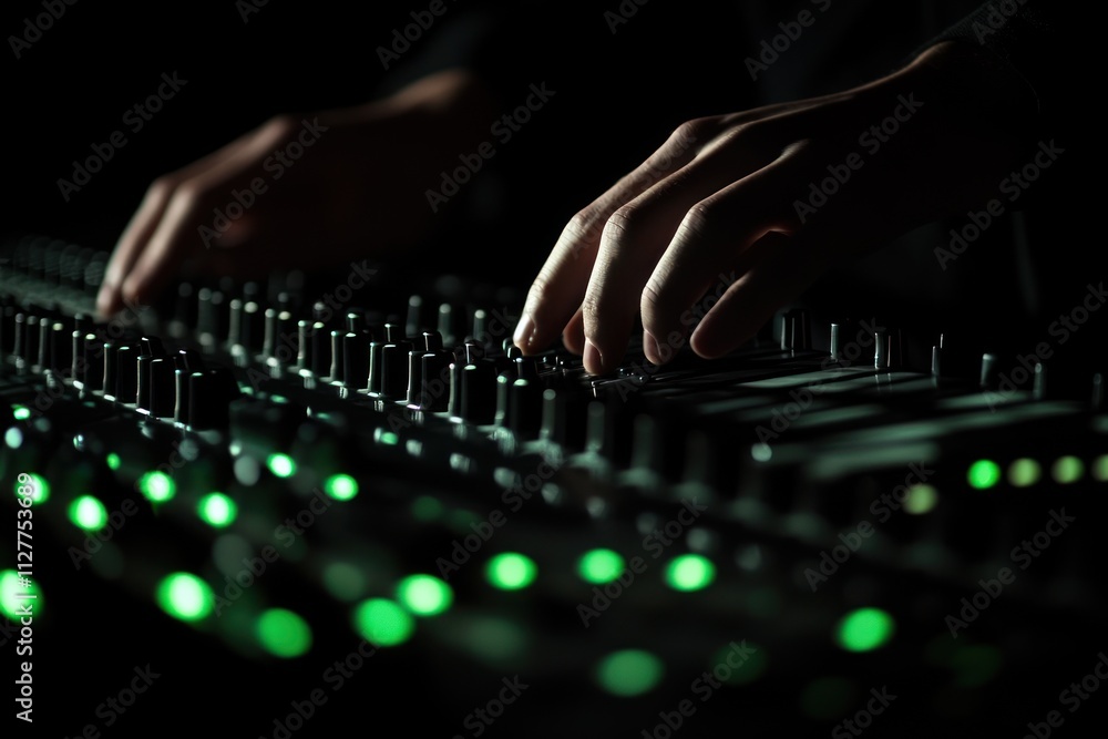 Poster close-up of hands manipulating audio mixer in low light.