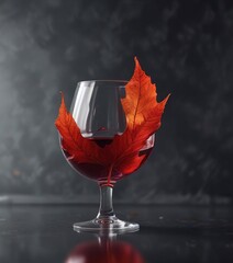 A solitary autumn leaf floating gently on a glass of full-bodied red wine , wine, amber, dark background