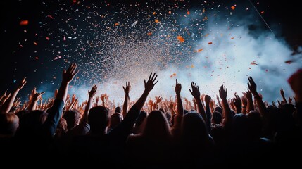 Enthusiastic crowd at concert venue raises hands. Confetti falls from above. People celebrate live music performance. Energy, excitement fills air. Audience enjoys event. Great atmosphere in concert