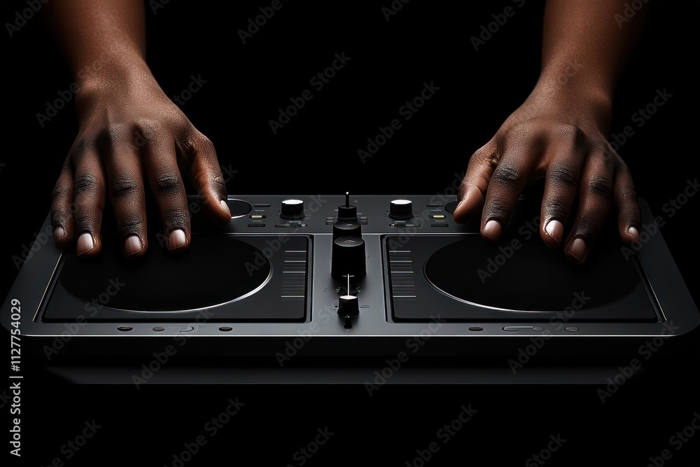 Poster dark-skinned hands on a dj controller.