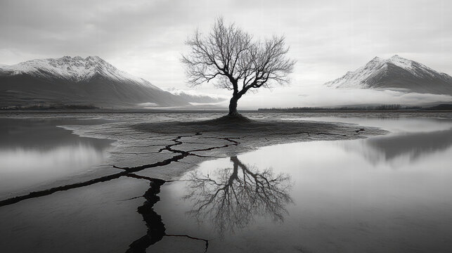 Black-and-white photography of a tree in the middle of a cracked lake, with mountains in the background