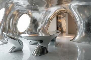 Futuristic metallic wonderland featuring sculptural silver furniture in a contemporary home decor setting