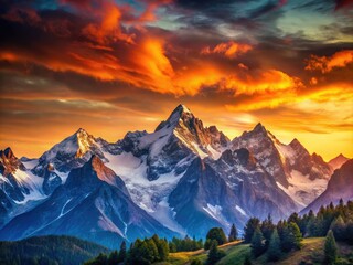 Obraz premium Crisp mountain silhouettes emerge from a fiery gradient sunrise; minimalist landscape.