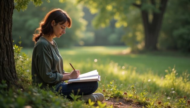 Woman sits in nature journaling. Serene park setting. Thoughtful reflections using mental health prompts. Focus on writing process in quiet environment. Beautiful sunlight filters through trees.