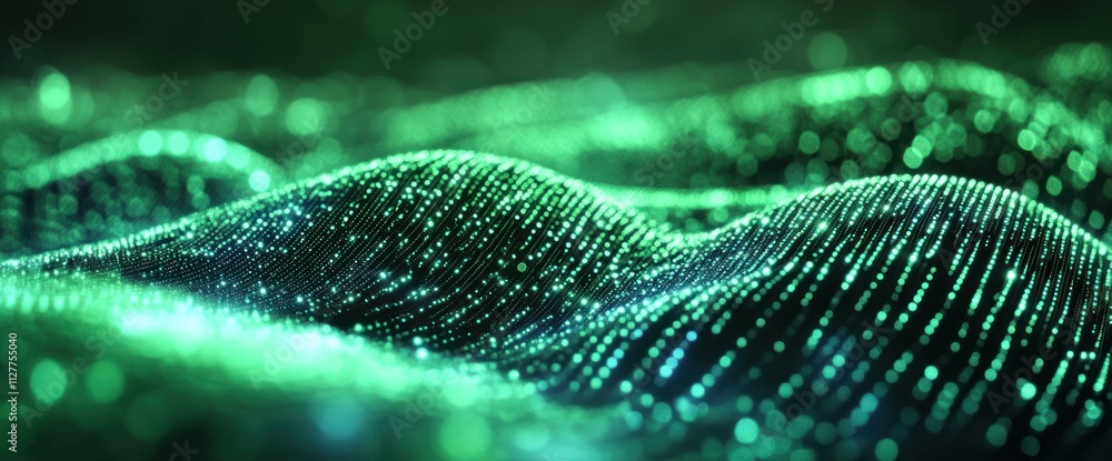 Poster abstract green glowing particle wave background.