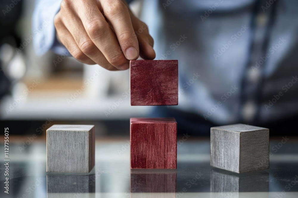 Poster Hand placing wooden block on a stack of blocks. (1)