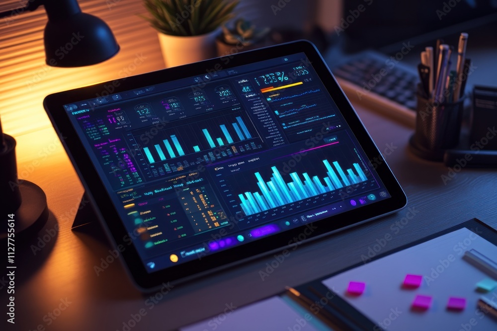 Aufkleber Tablet displaying financial data charts and graphs on a desk at night.