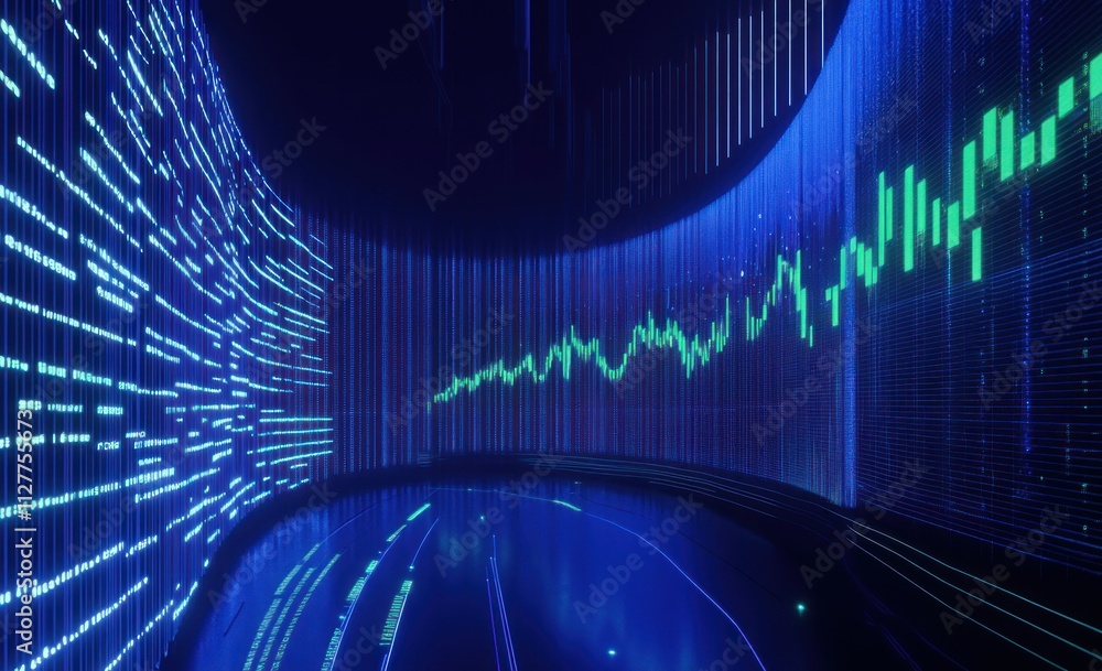 Poster Futuristic data visualization tunnel with glowing stock market charts and code.