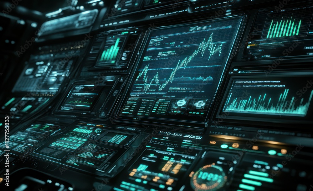 Poster Futuristic tech dashboard with data graphs and charts.