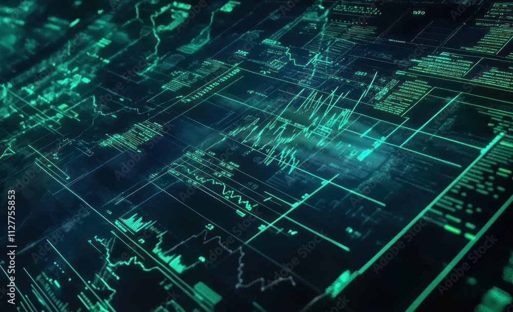 Poster Abstract digital data visualization with glowing green lines, charts, and graphs on dark background.