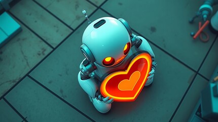 Cute robot holding a glowing shield symbolizing protection and security, with a minimalist background, representing technology and privacy protection