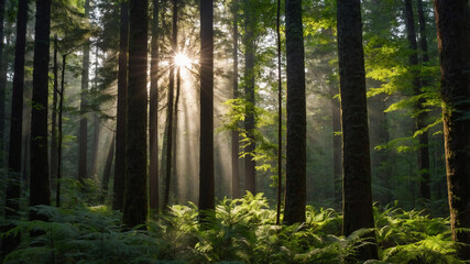 A dense forest with sunlight filtering though the tall trees