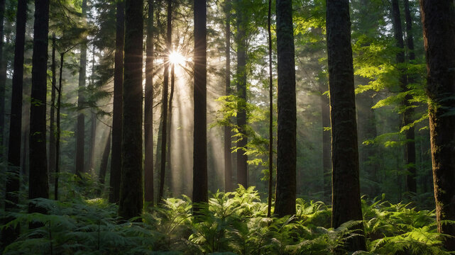 A dense forest with sunlight filtering though the tall trees