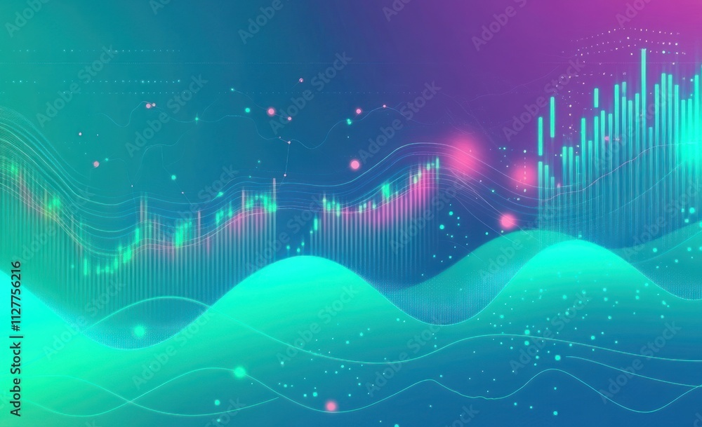 Poster Abstract glowing waves with financial data visualization.