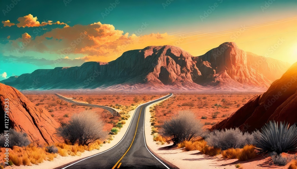 Poster ai-driven adventure: exploring the enigmatic desert road with a unique vibe - a graphic art experien