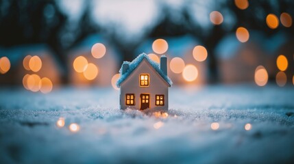 A small snow-covered house with glowing windows in a winter landscape.
