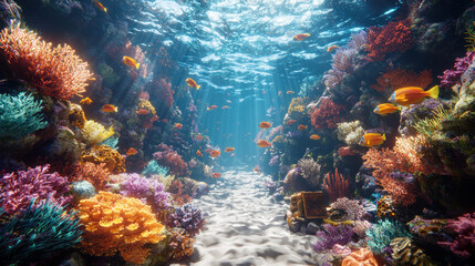 Sunlit Underwater Coral Reef Scene with Treasure Chest and Fish