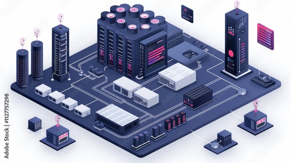 Poster isometric illustration of a data center with interconnected servers and network infrastructure.