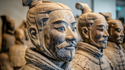 Fototapeta premium Terracotta army statues, weathered faces, ancient China.