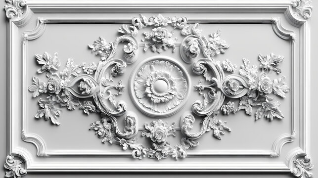 Victorian-style white decorative elements on 3d ceiling wall wallpaper, complemented by a frame-like background. Rococo. Illustration