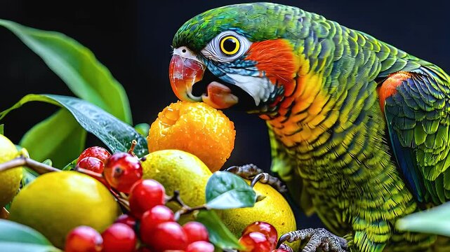 Colorful parrot eating tropical fruit amidst vibrant foliage, celebrating beauty of nature and its diverse bird life.