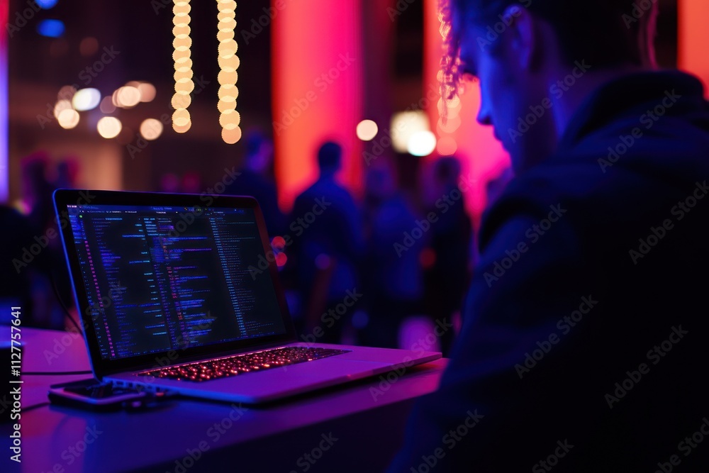 Aufkleber Programmer coding on laptop at night event.