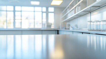 A bright and clean laboratory space with glassware on the counter and large windows.