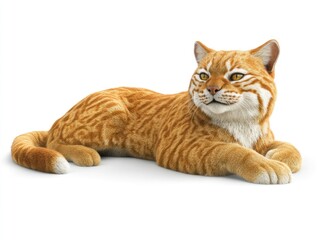 Orange tabby cat lying down, isolated on white background.