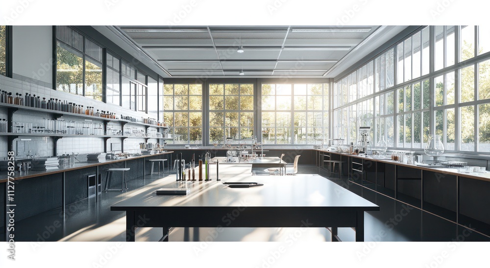 Poster sunlit modern science lab with equipment.