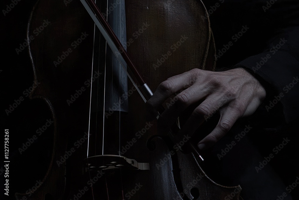 Poster close-up of a hand playing cello in low light.