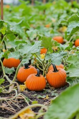 Pumpkin in farmland in Fall. Seasonal theme for greeting card background.