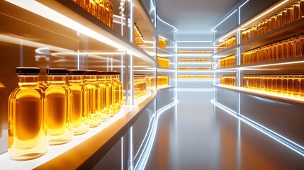 Beer research facility interior, bottles on lighted shelves, testing equipment, clean minimalist design, muted tones, cozy ambiance