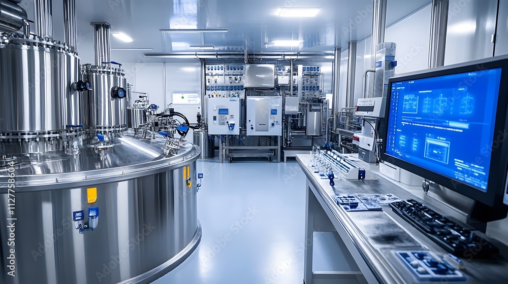 Poster a large industrial lab with a computer monitor on a desk. the lab is filled with various equipment a