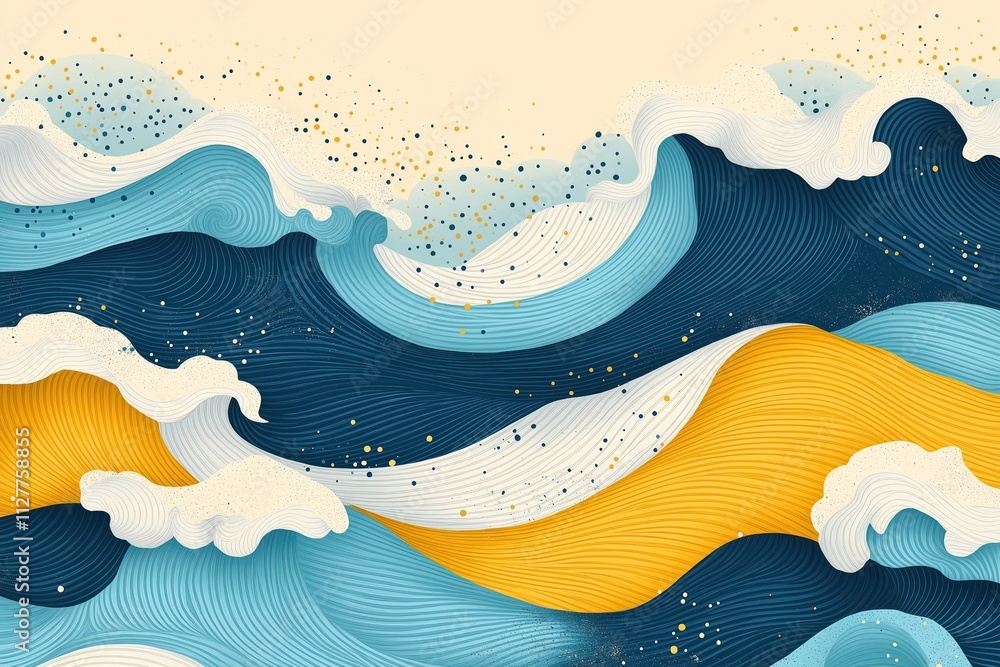 Aufkleber Abstract seamless wave pattern design. Stylish decorative pattern with flowing curves. Blue, yellow colors create dynamic ocean effect. Seamless wave pattern perfect for wallpaper textile design.